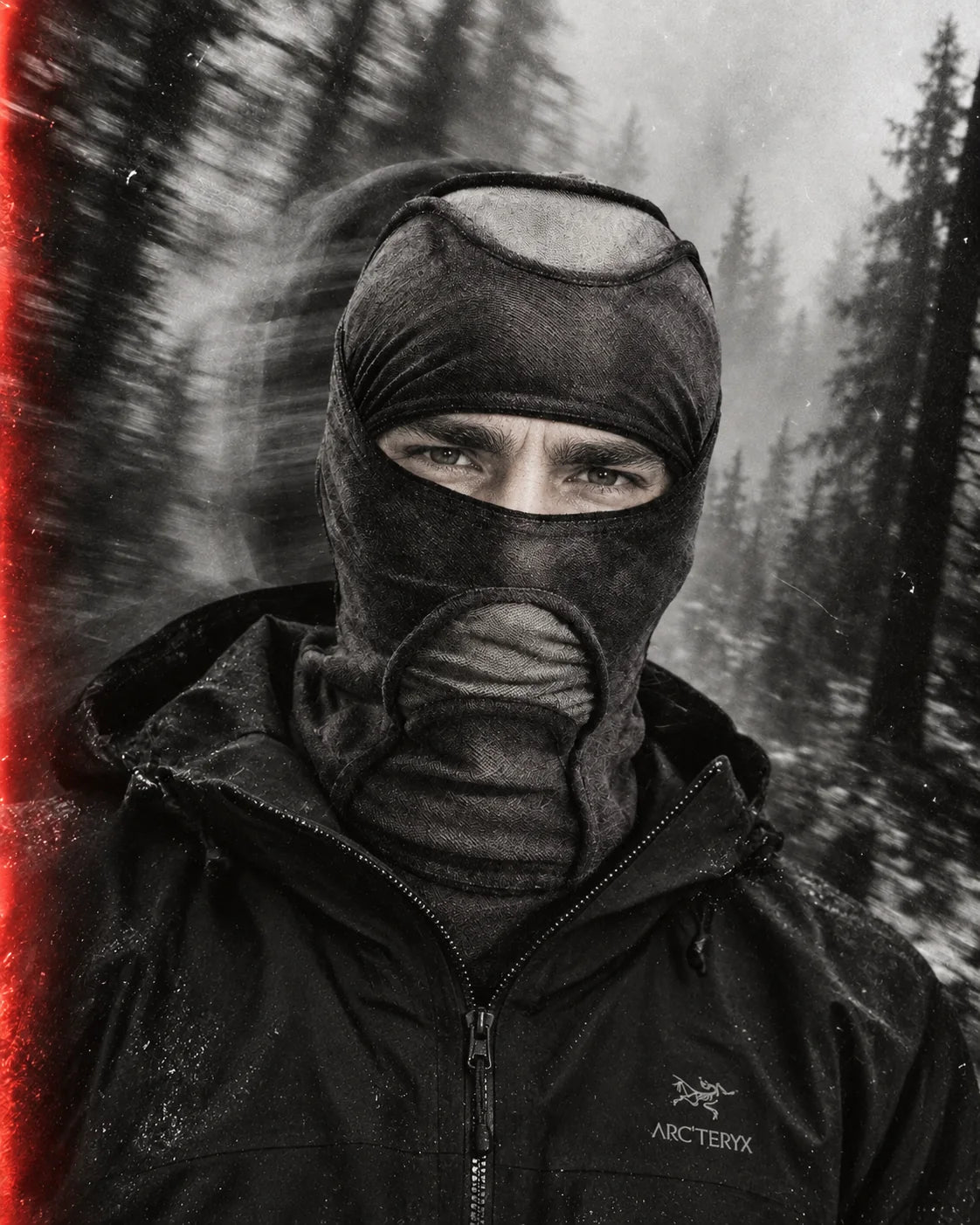 Deamon worn with a black jacket in a blurred forest