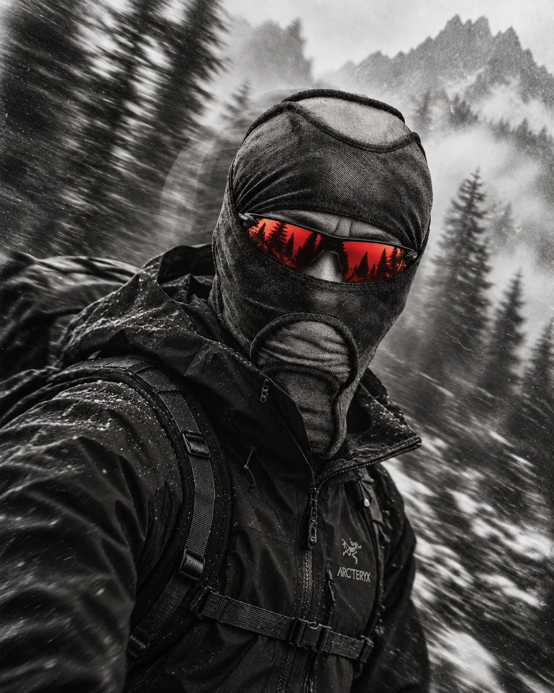 Deamon with red mirrored eyewear on an alpine trail