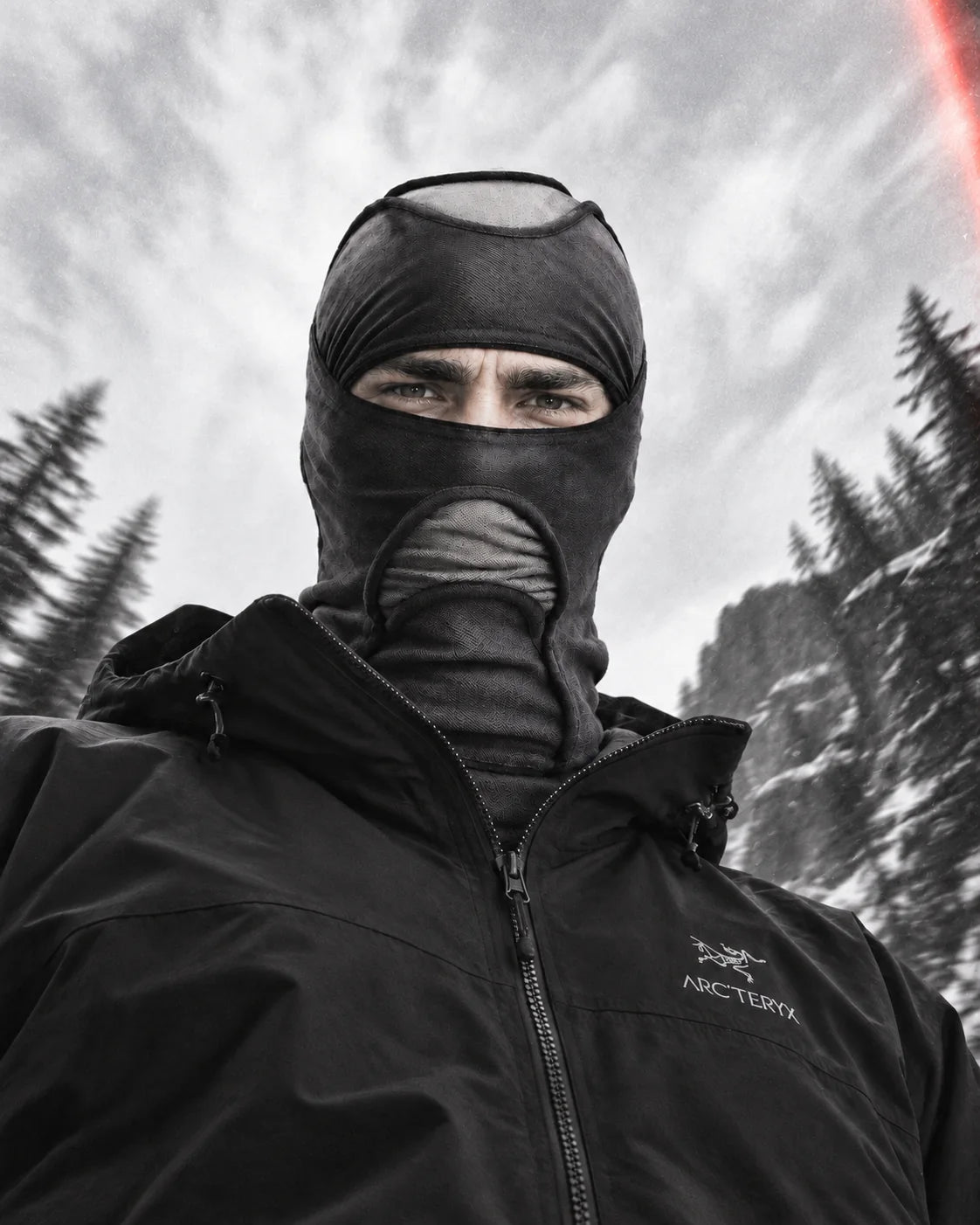Low-angle portrait of Deamon and black outerwear