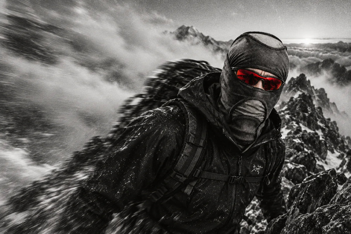 Deamon and red eyewear photographed on a mountain ridge