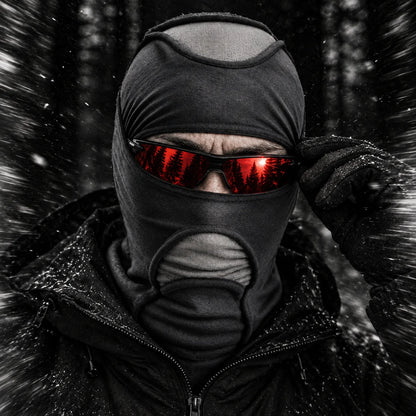 Close-up of Deamon styled with red mirrored glasses