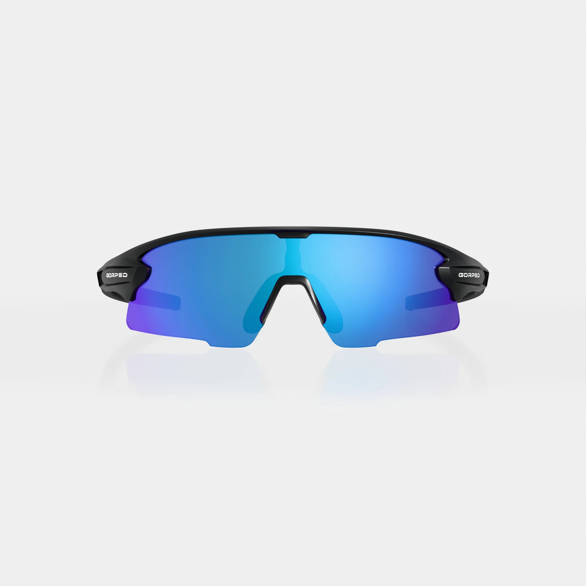 Strider Glacier sunglasses from the front, showing the mirrored shield lens on a pale studio background
