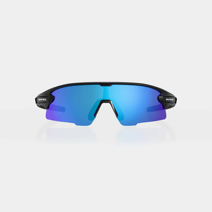 Strider Glacier sunglasses from the front, showing the mirrored shield lens on a pale studio background
