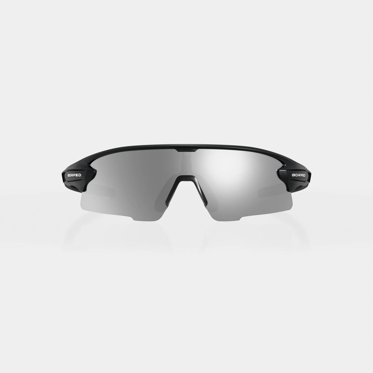 Strider Shadow sunglasses from the front, showing the mirrored shield lens on a pale studio background